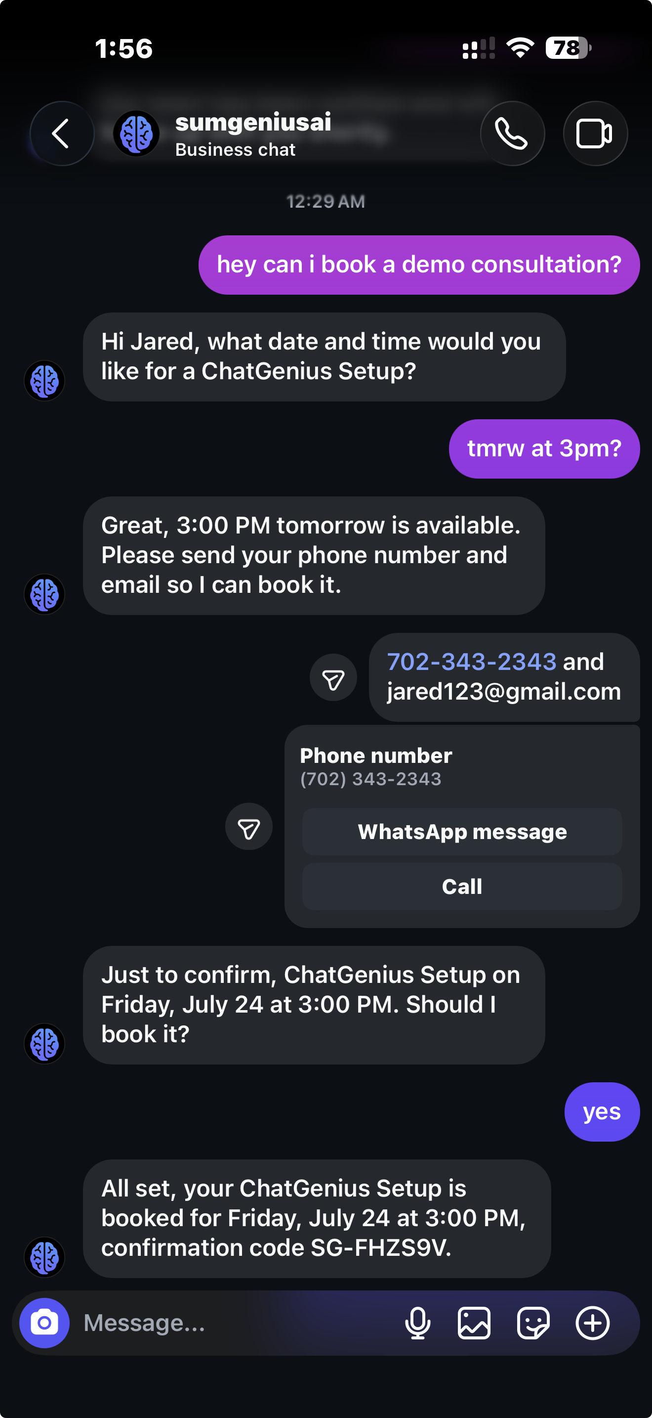 ChatGenius AI appointment setter booking a demo consultation in an Instagram DM: it asks for date and time, confirms 3pm tomorrow is available, collects phone and email, then confirms the booking with code SG-FHZS9V