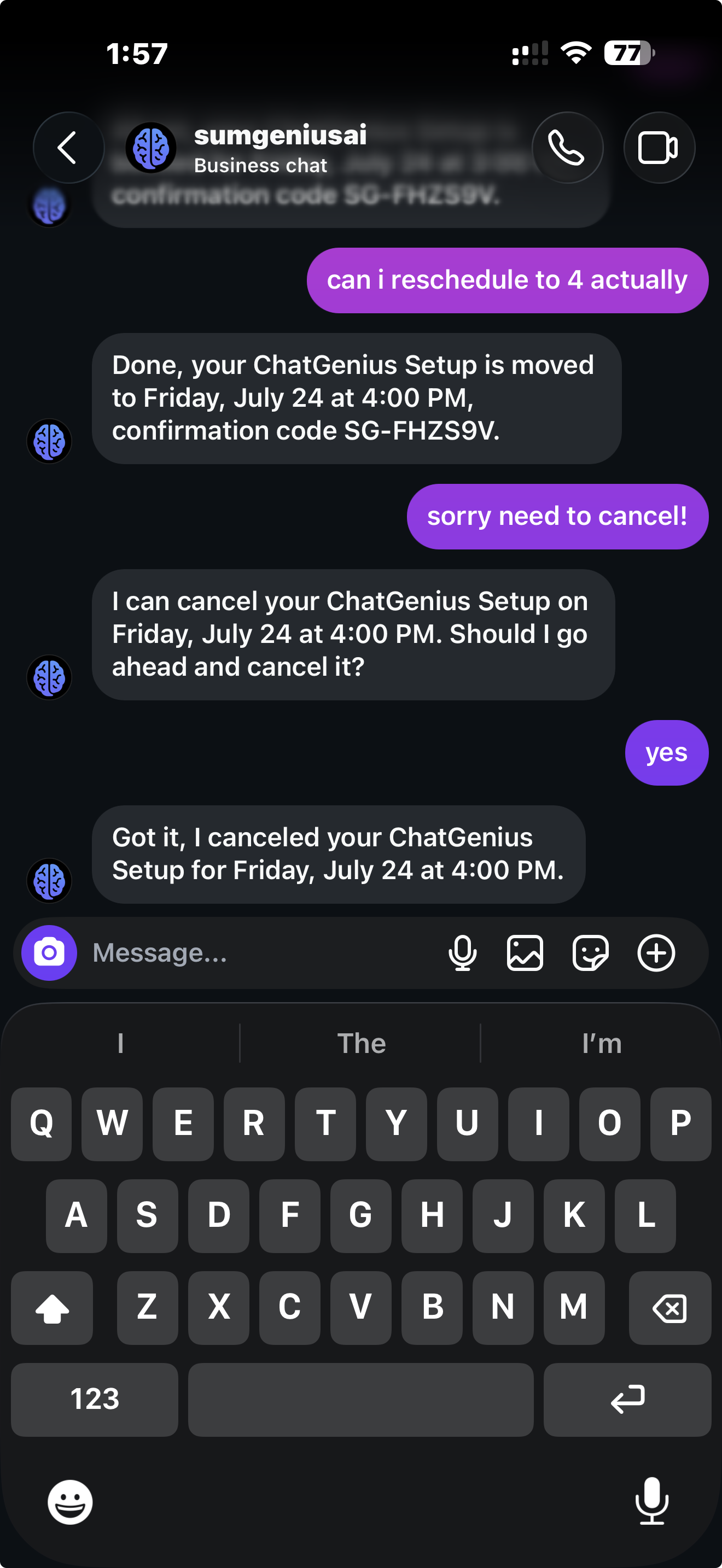 ChatGenius AI rescheduling then cancelling the same appointment in an Instagram DM: it moves the booking to 4pm keeping the same confirmation code, then confirms before cancelling when the customer asks